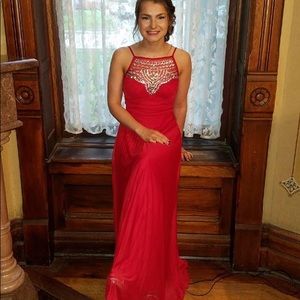 Red Long Bejeweled Prom Dress